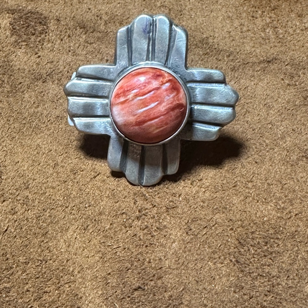 Awesome spiny oyster orange stone ring  size 7.75 Chimney Butte signed artist